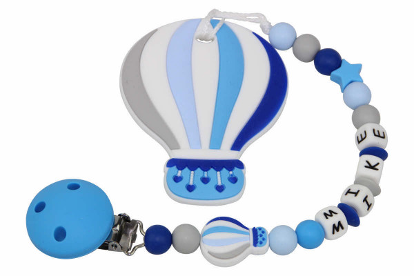Nuggikette Silikon mit Name und Anhänger Ballon hellblau:grau