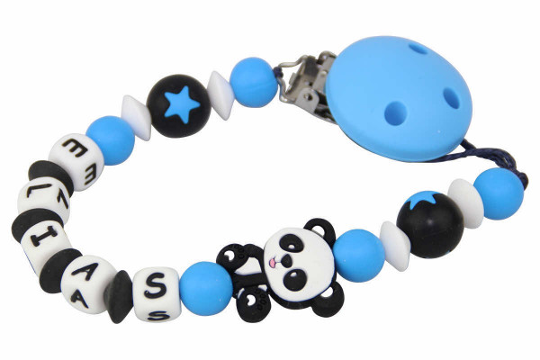Nuggikette Silikon mit Name Panda blau:schwarz