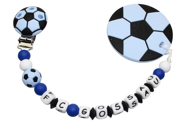 Nuggikette Silikon mit Name und Anhänger Fussball pastellblau:royalblau