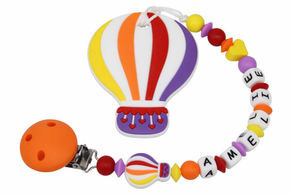 Nuggikette Silikon mit Name und Anhänger Ballon orange:lila
